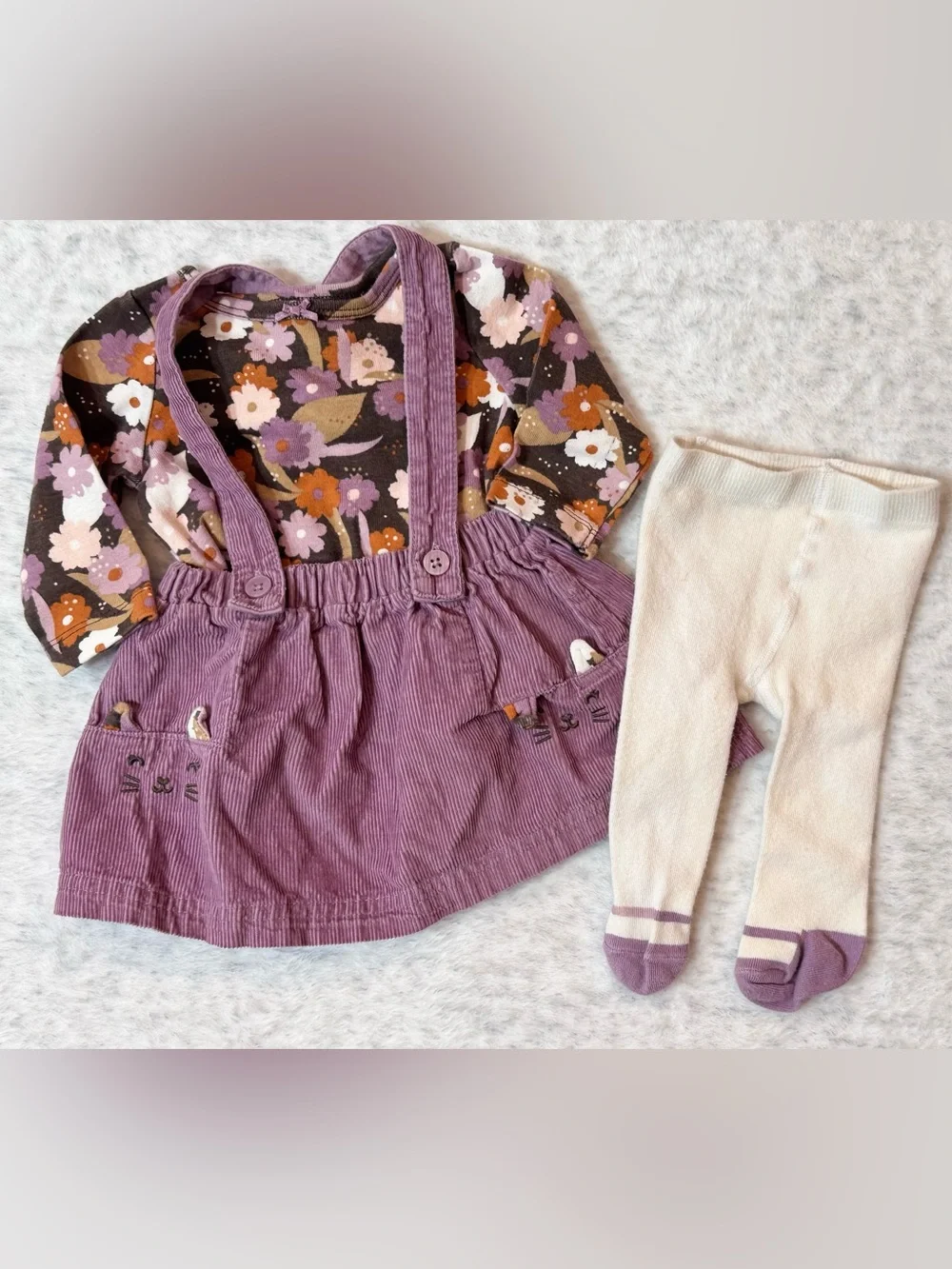 Carter's Purple Corduroy Suspender Dress with Floral Bodysuit and Orange Accents